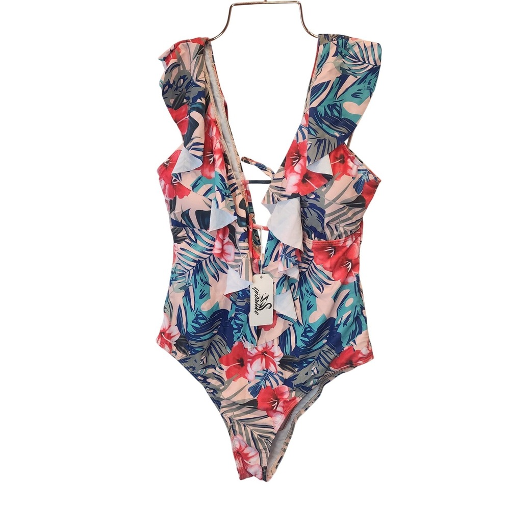 Sporlike Swimsuit Women XL Red Tropical Floral Ruffle V-Neck Lace Up 117 NWT